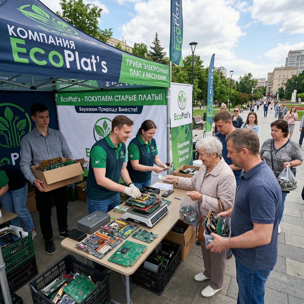 Выездной пункт приёма электронных плат EcoPlat's: палатка на улице, взвешивание плат, работа с населением.